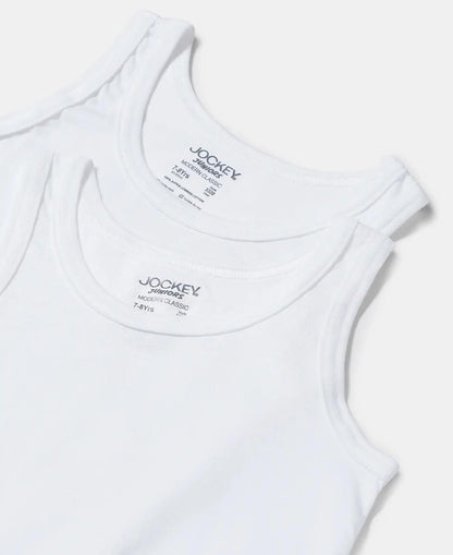 Jockey boys white cotton vest shown at an angle with the shoulder straps visible