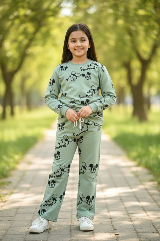Tomato girls pista green cartoon print sweatshirt and pant co-ord set