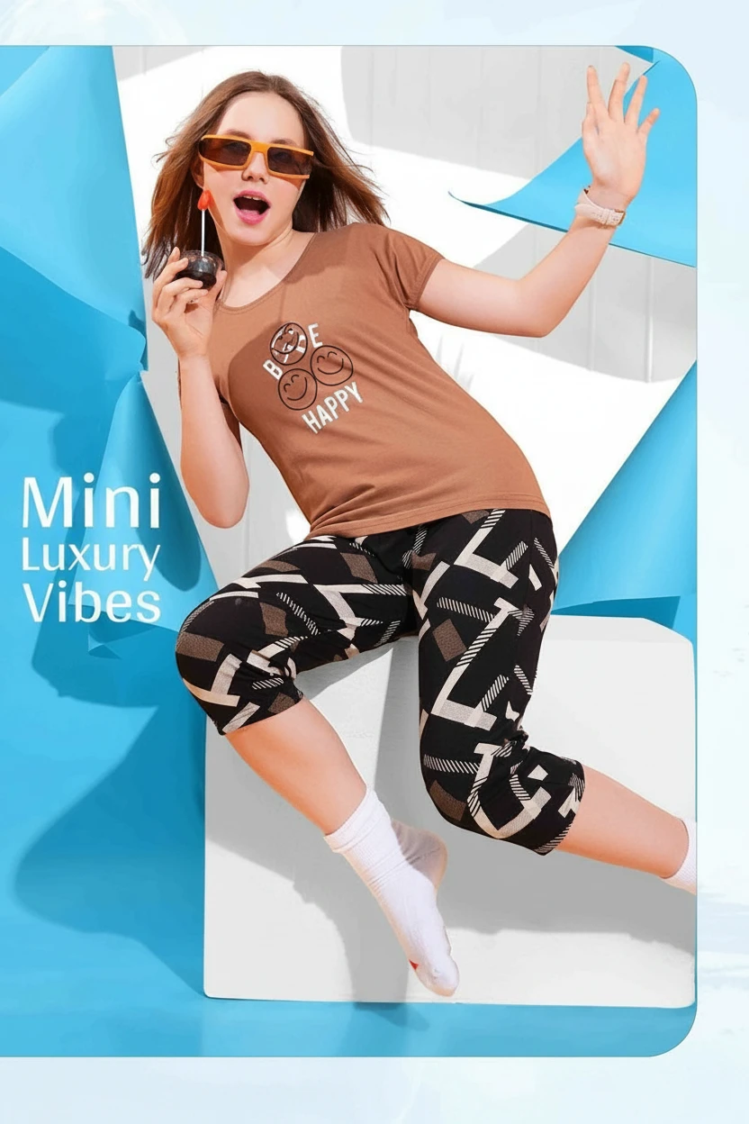 Girl in a brown Be Happy tee and black printed capri, In Touche kids night suit