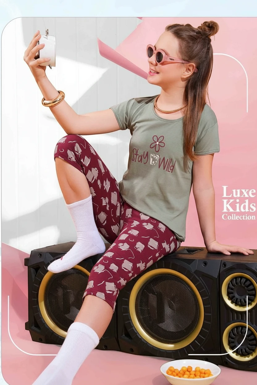 Girl in a green Stay Wild tee and red printed pyjama, In Touche kids night suit