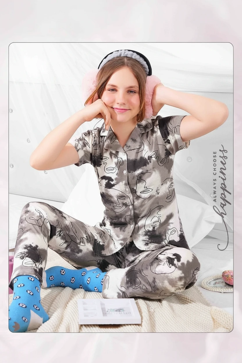 Girl in a grey multishade printed tee and matching pyjama, In Touche kids night suit