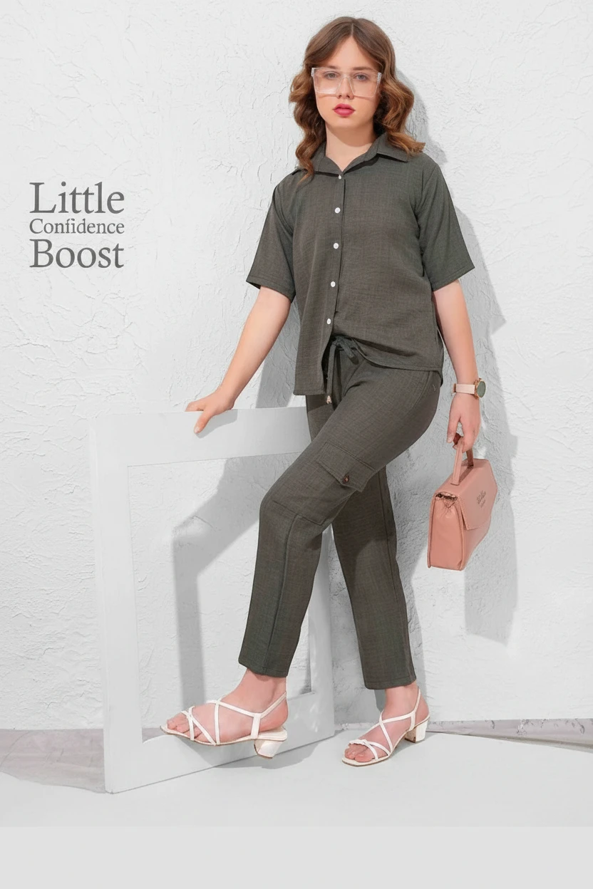 Girl in a dark green shirt and matching trousers, In Touche girls co-ord set