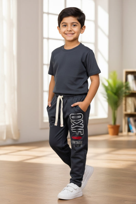 Ollypop Boys Vintage Club Print Drawstring Joggers - Dark Grey