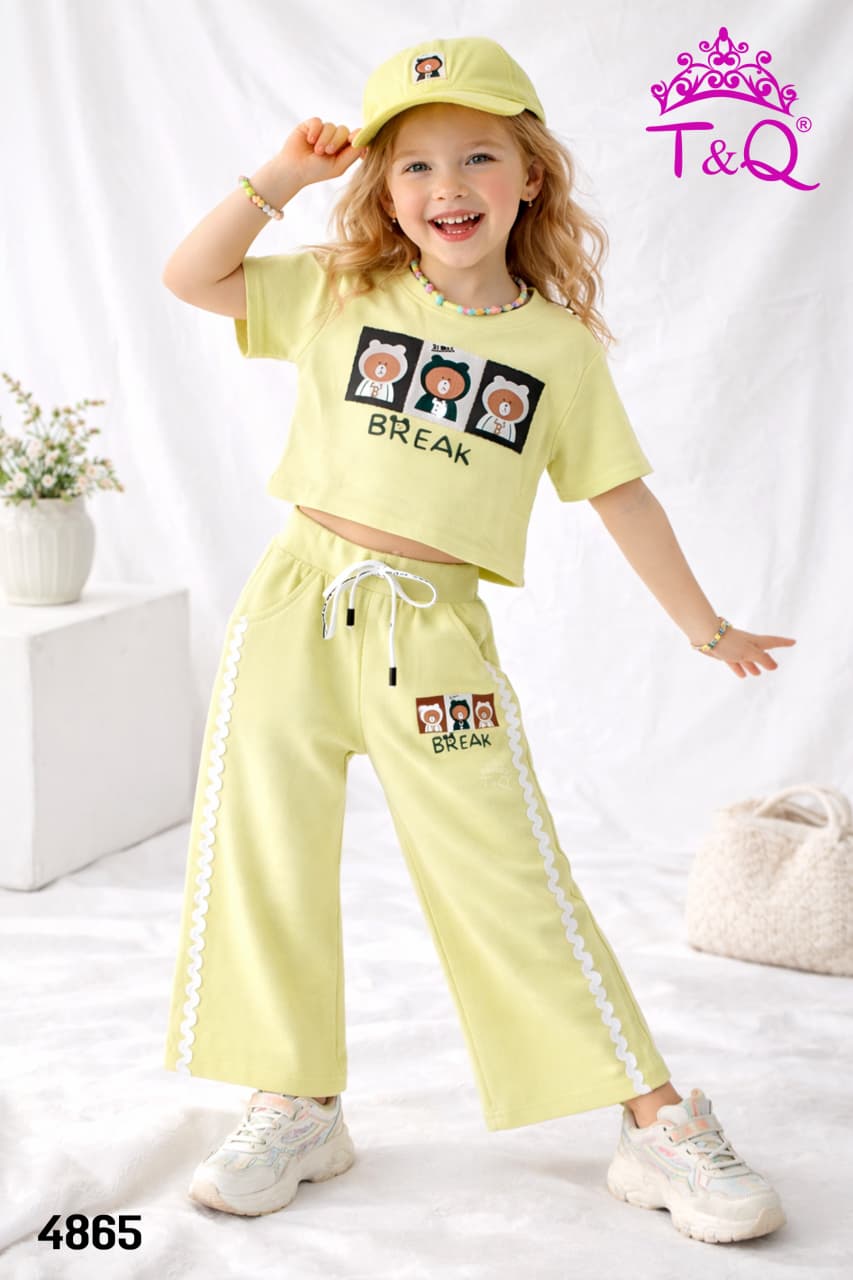 T&Q girls lemon yellow bear print crop top and wide-leg trousers co-ord set - Design 4865