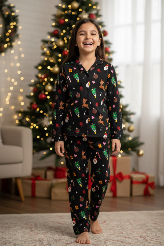 Ollypop Girls Festive Print Cotton Night Suit - Black