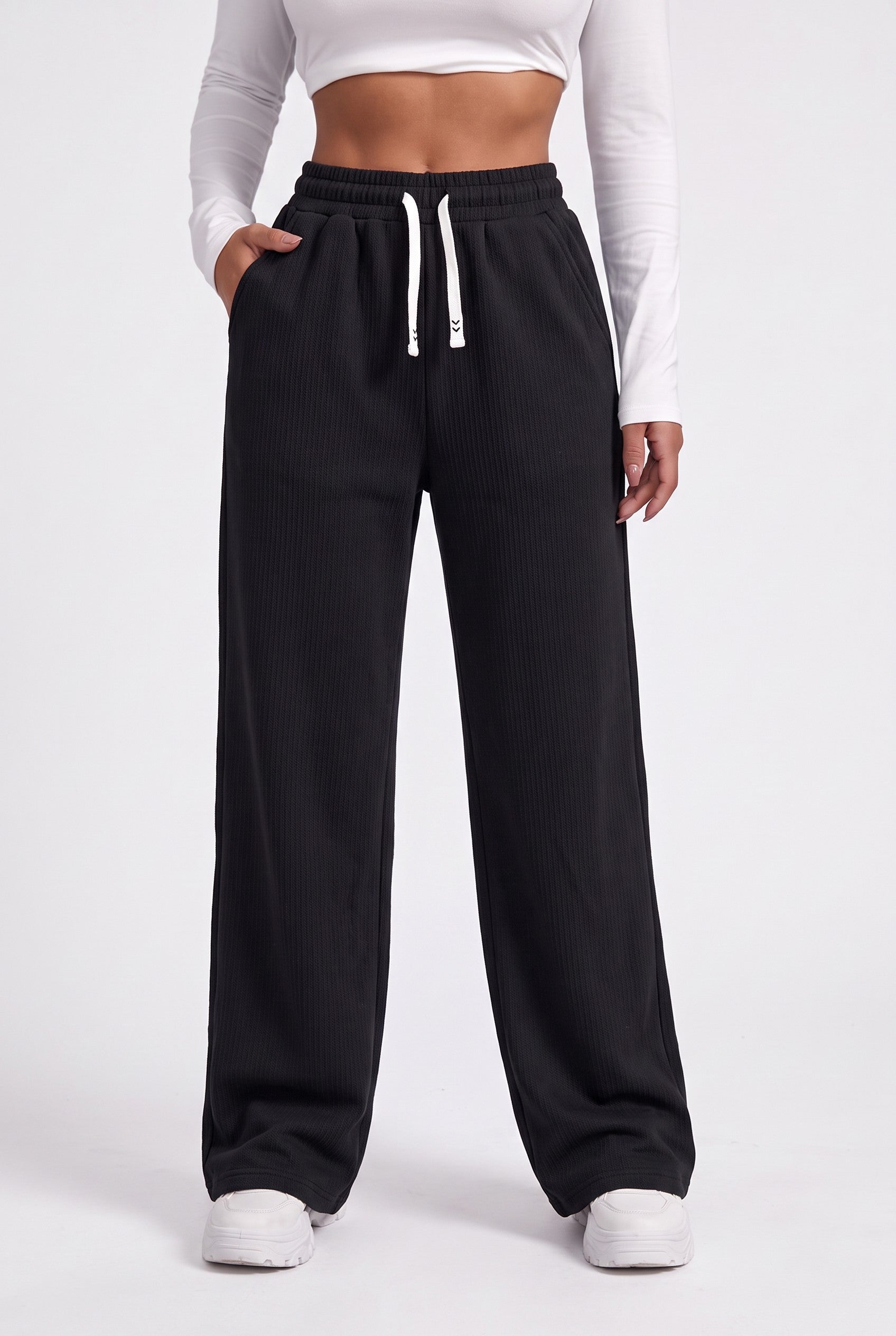D-Code women's black textured wide leg jeggings with drawstring waist and side pockets