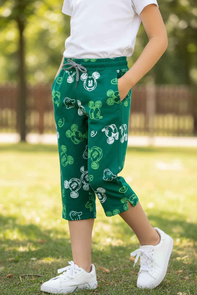 Tomato girls green cartoon print knee-length capri