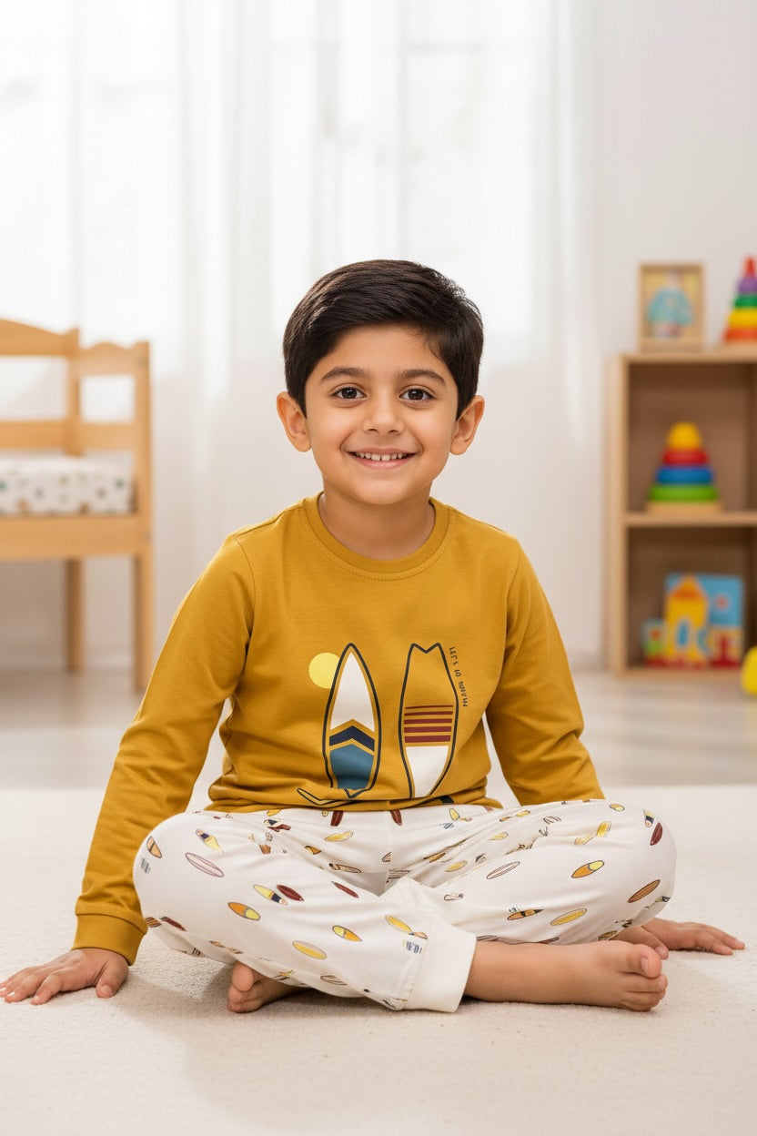 Ollypop Boys Surfboard Print Cotton Full Sleeve Set - Mustard