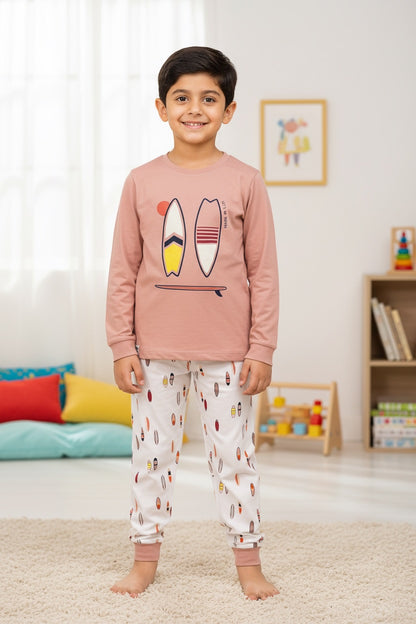 Ollypop Boys Surfboard Print Cotton Full Sleeve Set - Peach