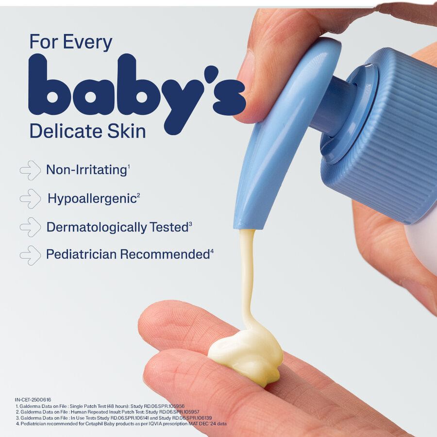 Cetaphil Baby daily lotion being dispensed, suitable for every baby's delicate skin