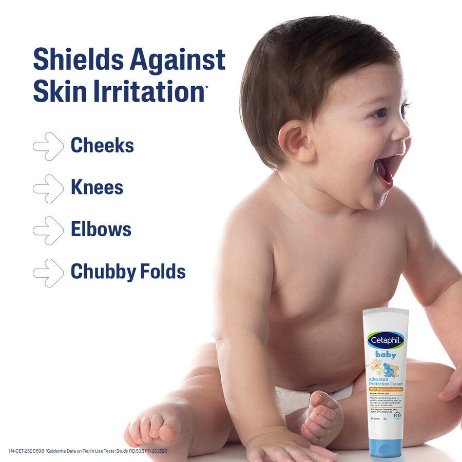 Cetaphil Baby cream shields against skin irritation on cheeks, knees, elbows and chubby folds