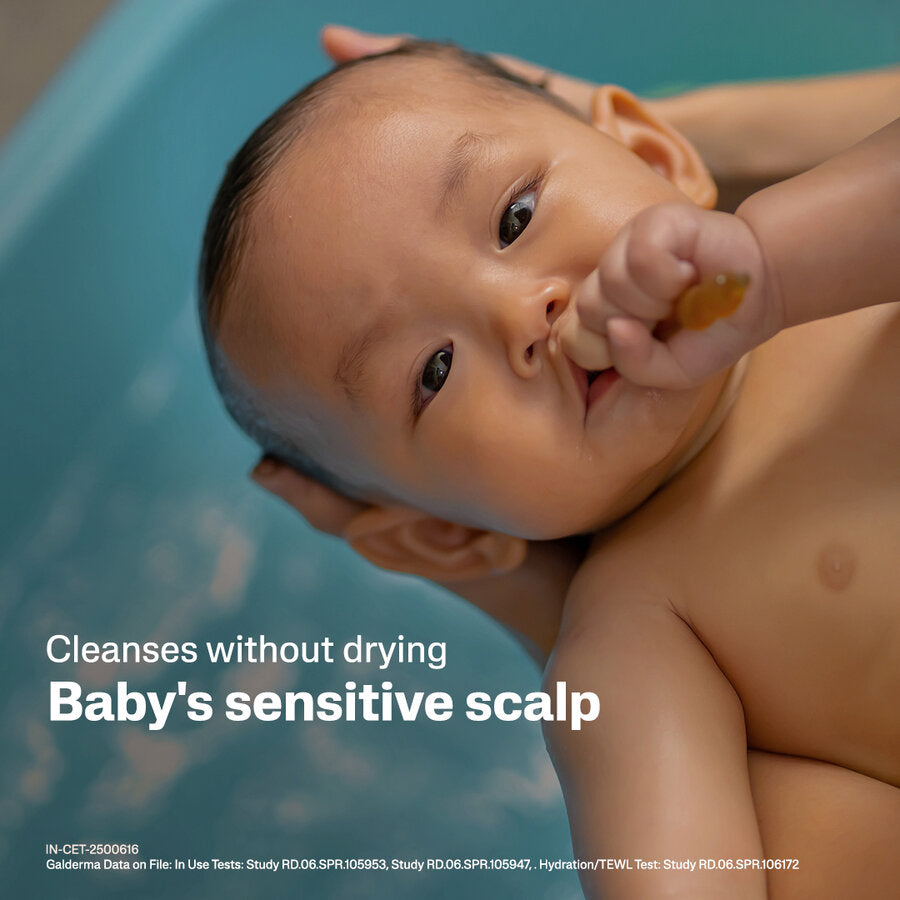 Cetaphil Baby shampoo cleanses without drying baby's sensitive scalp
