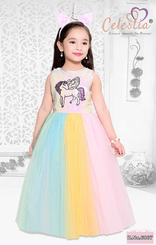 Celestia Girls Unicorn Sequin Rainbow Long Gown in Unicorn