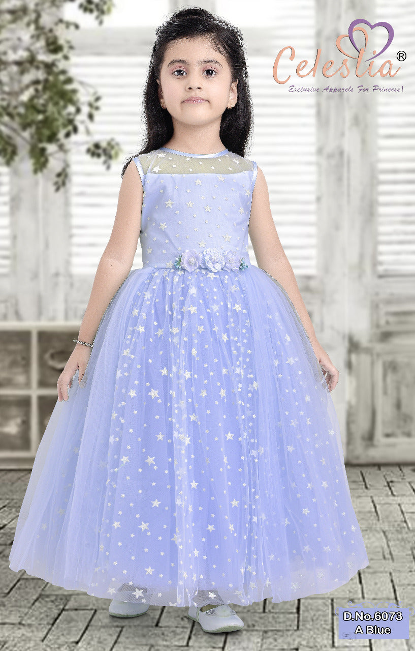 Celestia Girls Star Print Net Long Gown in A.Blue