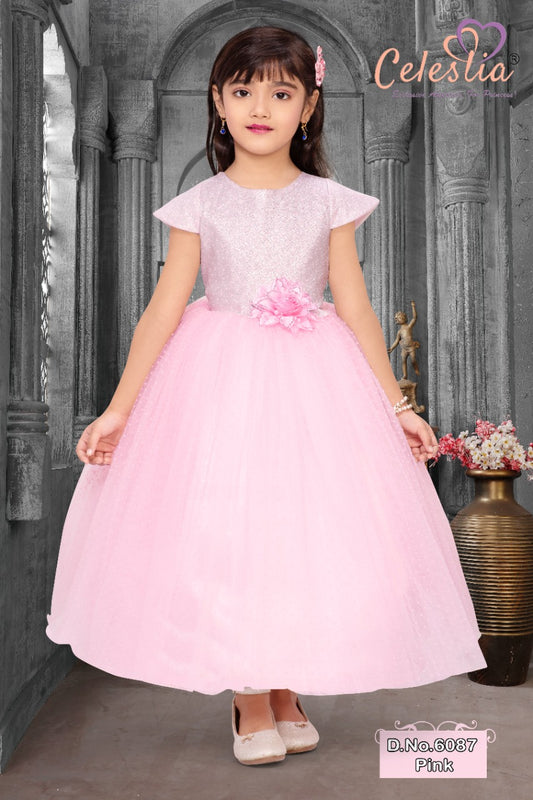 Celestia Girls Pink Shimmer Cap Sleeve Gown in Pink
