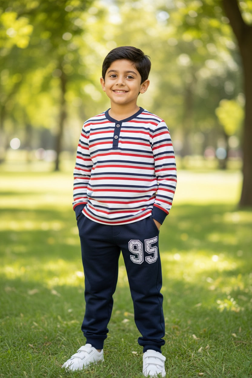 Ollypop Boys Striped Henley Cotton Full Sleeve Set - Grey