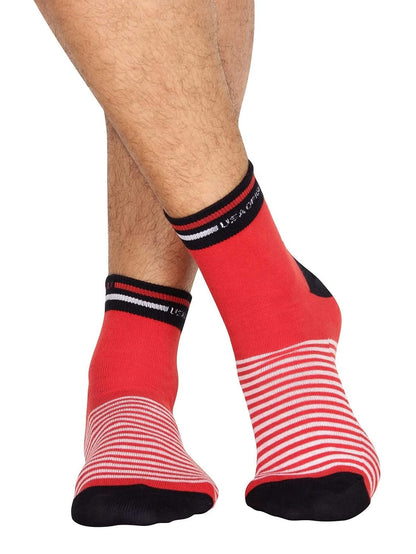 Model wearing Jockey red striped ankle length cotton stretch socks