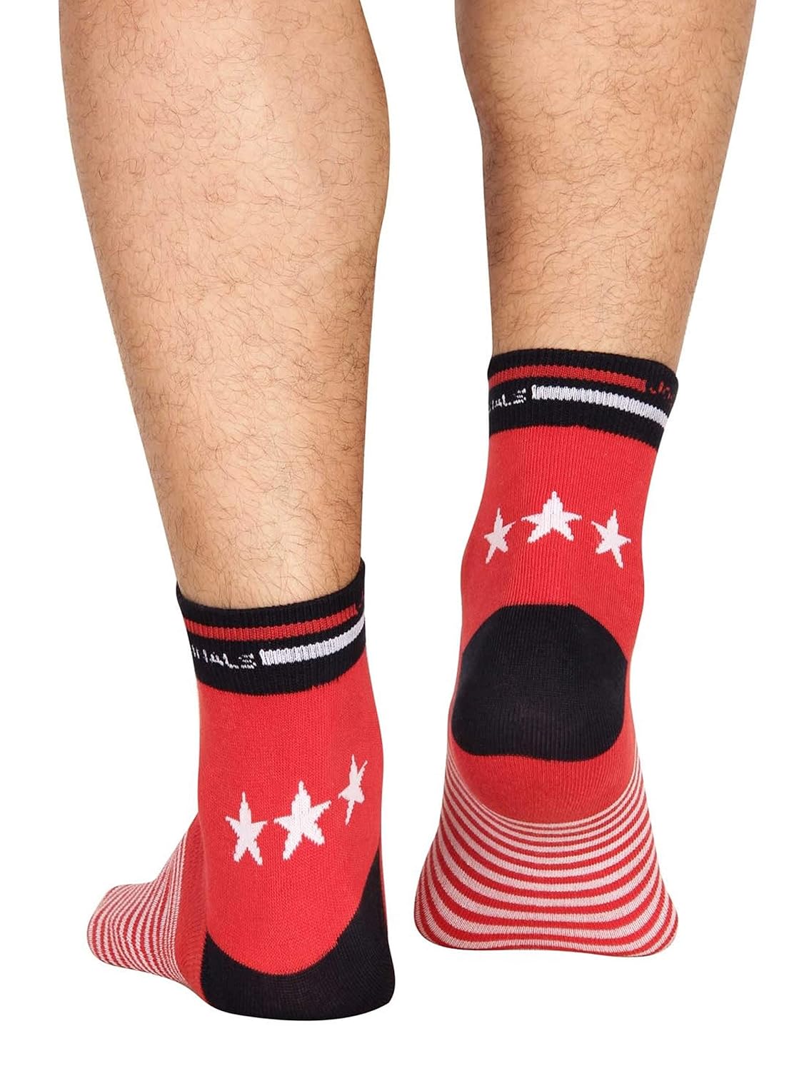 Back view of Jockey men's red striped ankle length socks on a model