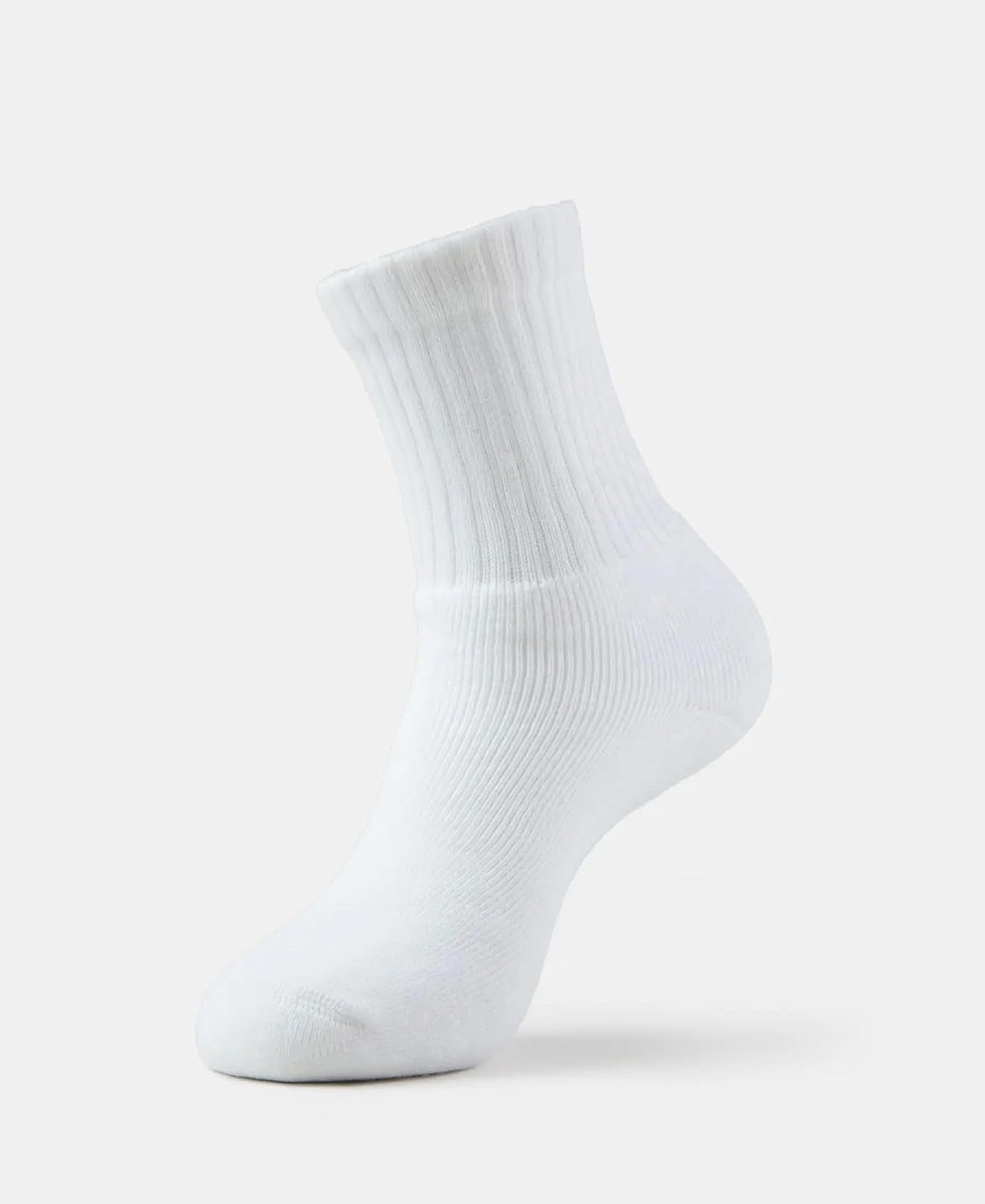 Single Jockey men's white crew length sock showing the ribbed cuff