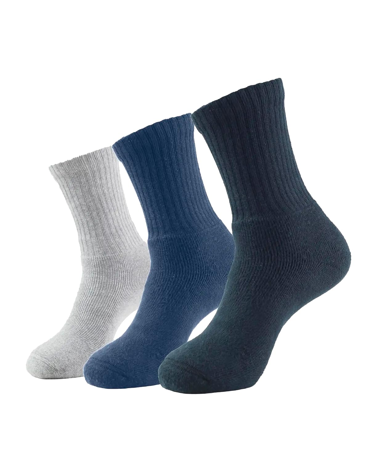 Jockey crew length cotton terry socks in grey, blue and navy, pack of three