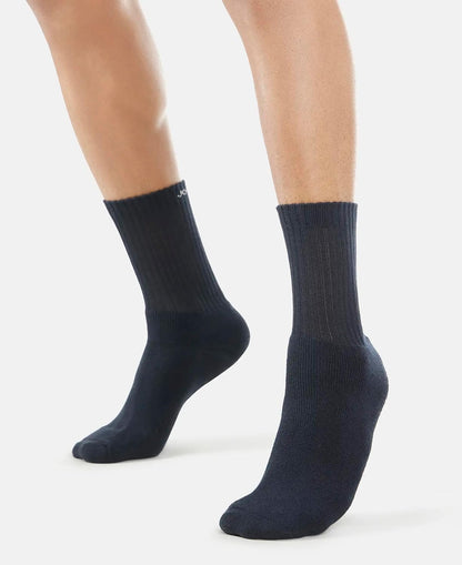 Close-up of the cuff on Jockey navy crew length cotton terry socks