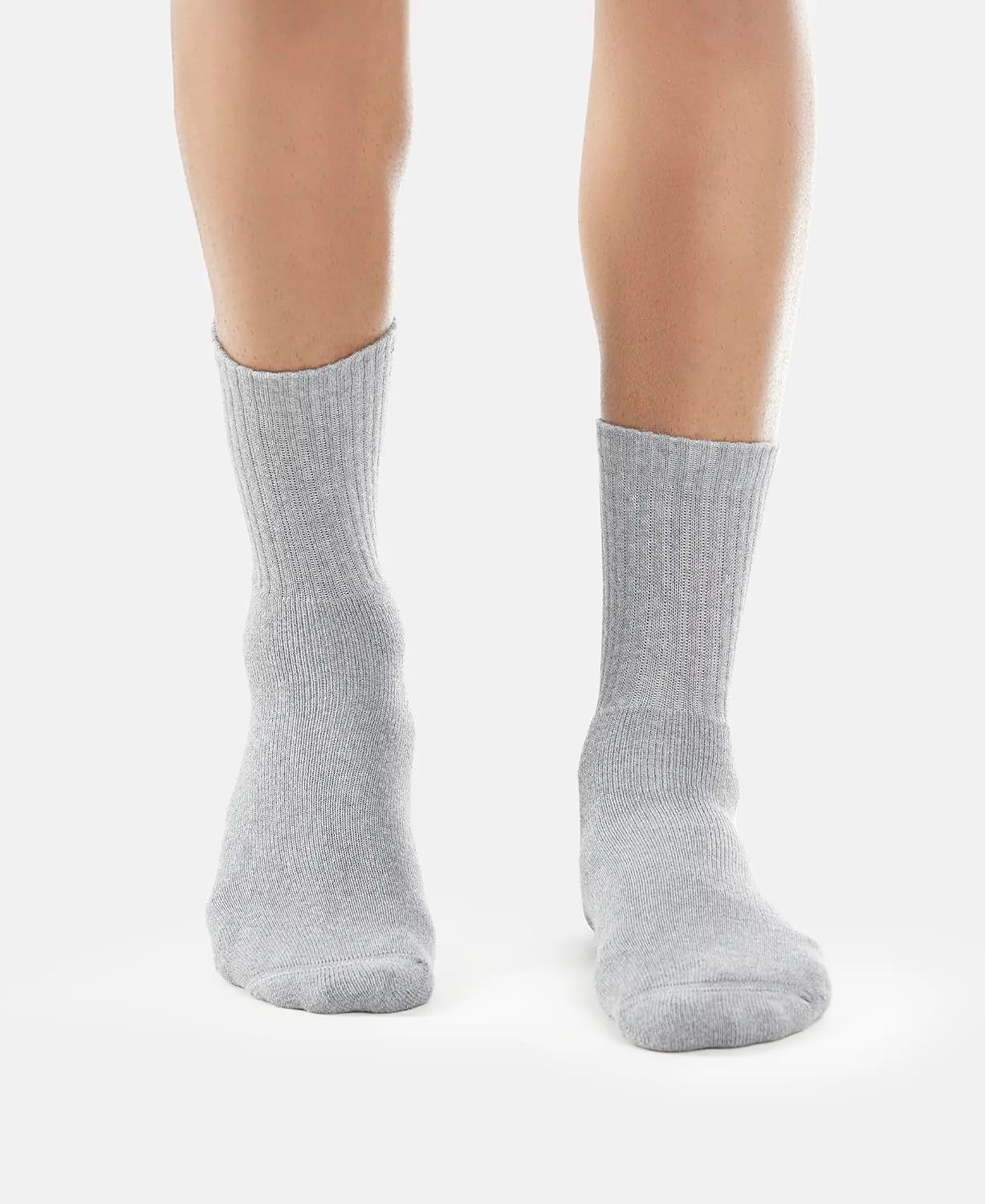Model wearing Jockey light grey crew length cotton terry socks