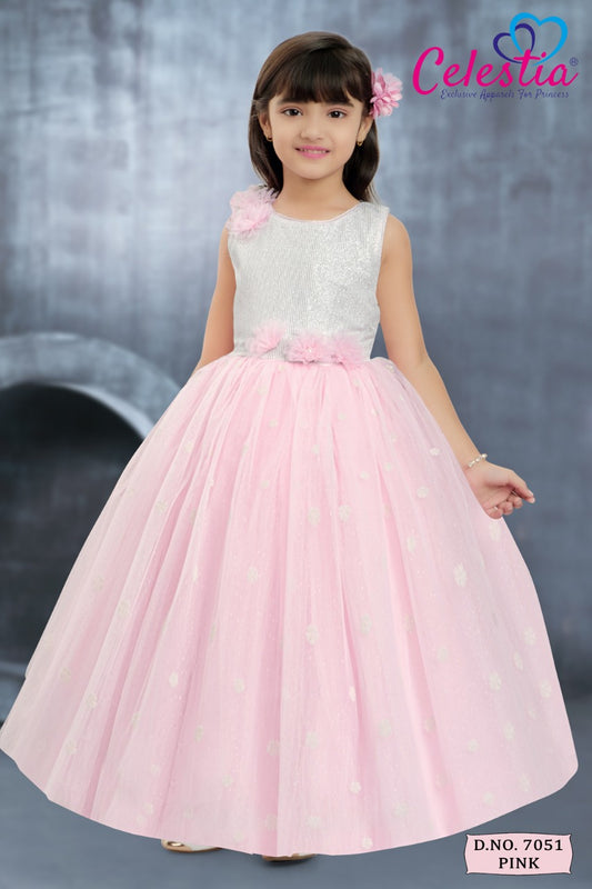 Celestia Girls Silver Sequin Blush Long Gown in O.Pink