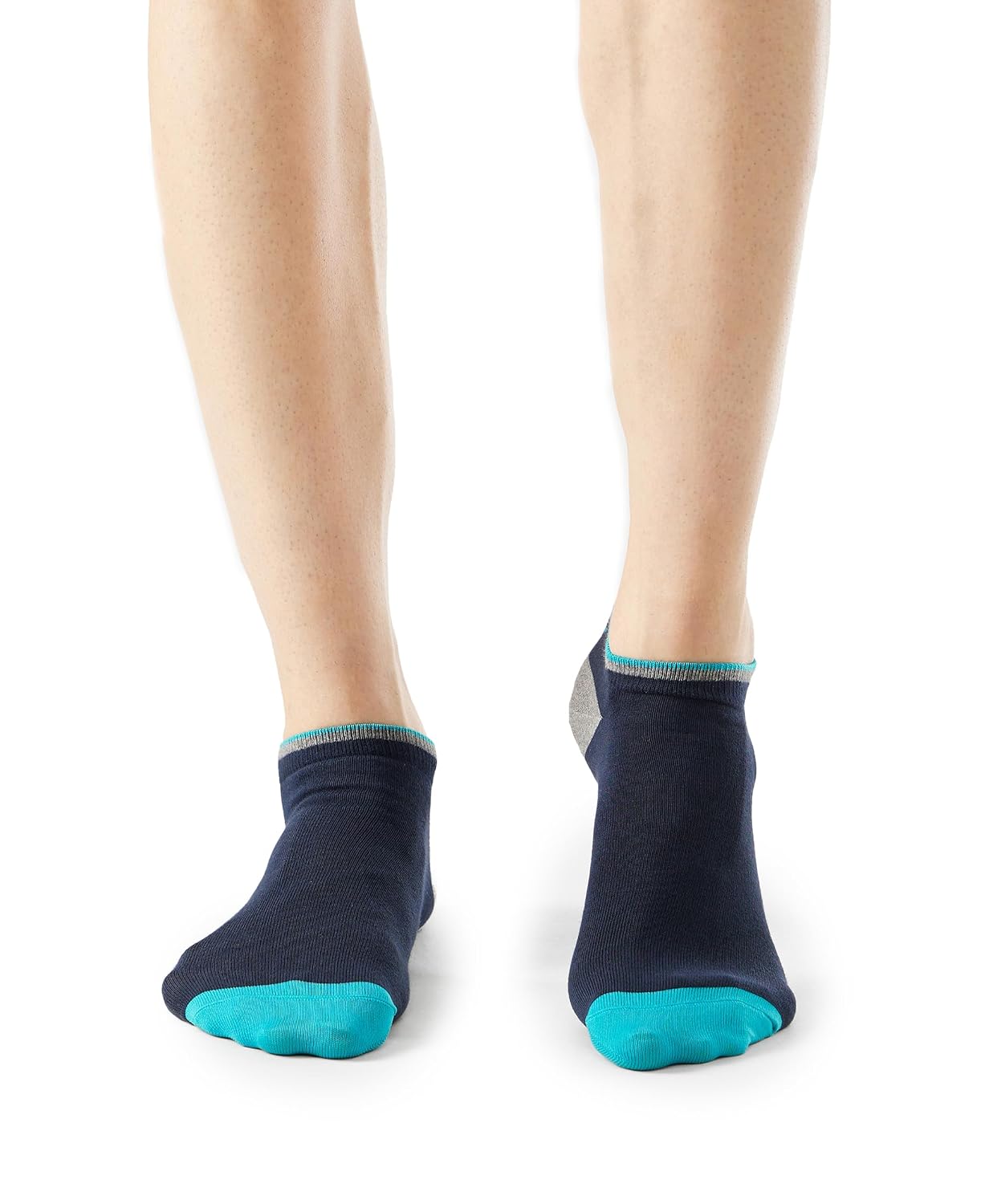 Model wearing Jockey navy low show cotton stretch socks