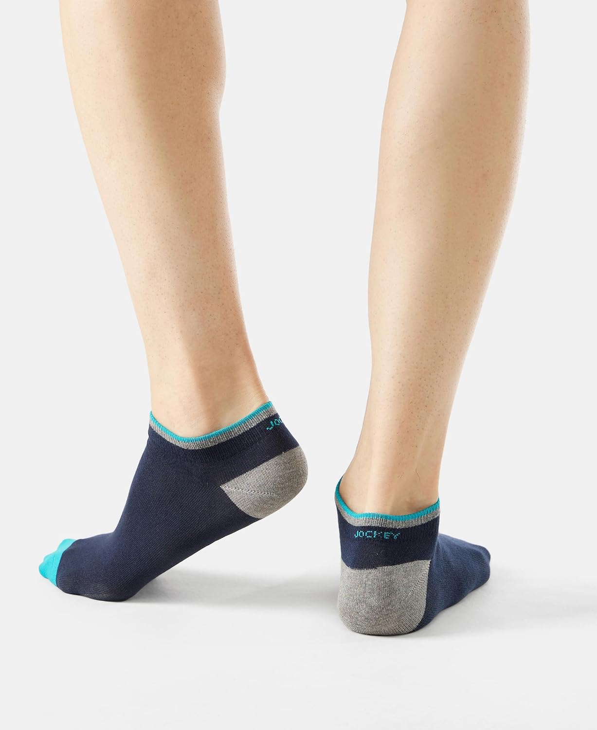 Back view of Jockey men's low show cotton stretch socks with grey heel panel