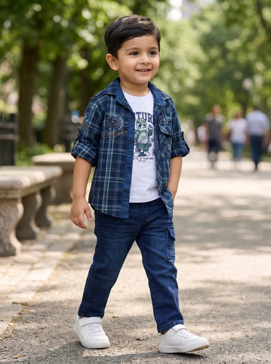 Boy in a green checked shirt with white tee and blue jeans, Boyz Fun 3-piece set