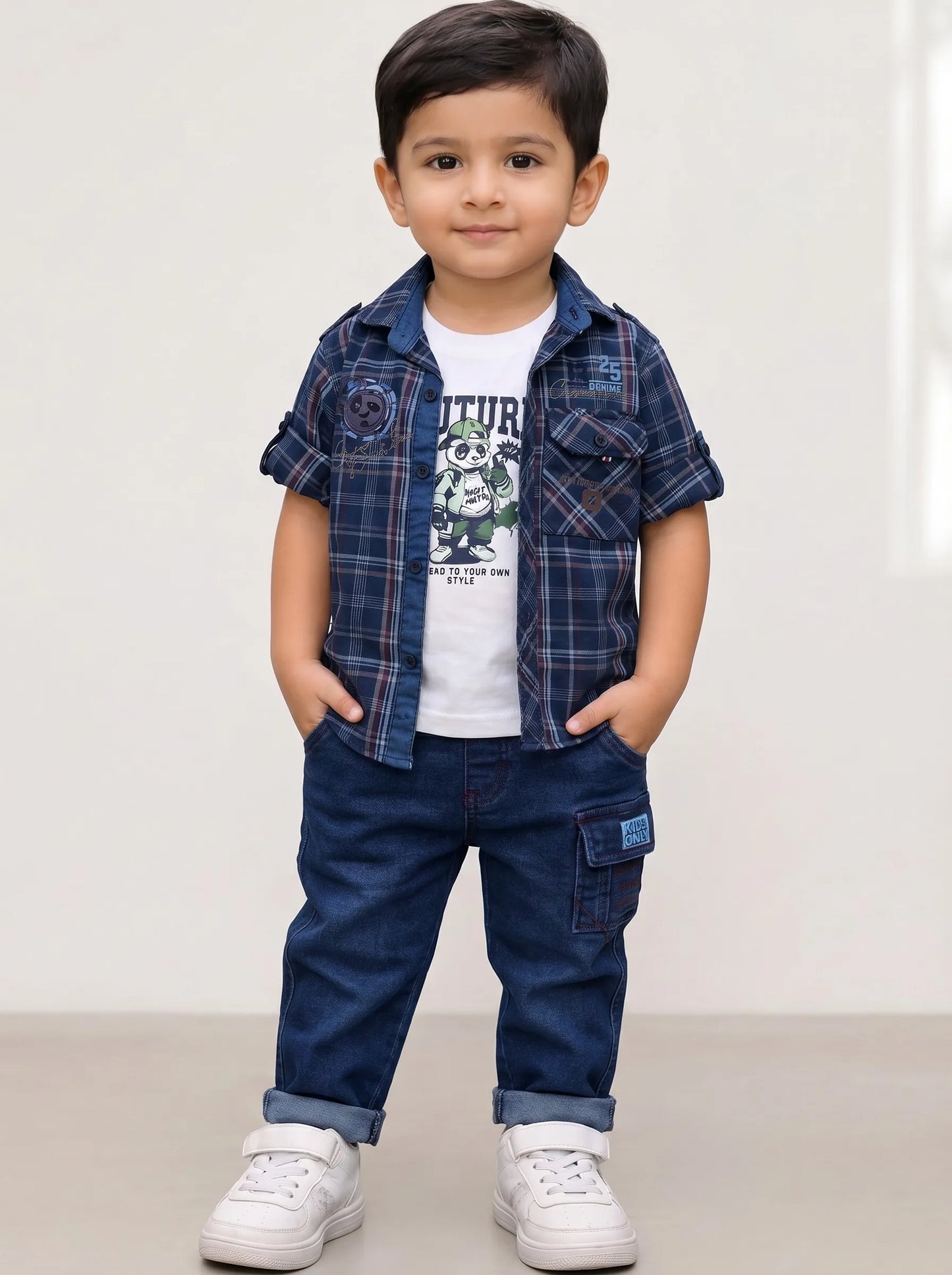 Boy in a maroon checked shirt with tee and blue jeans, Boyz Fun 3-piece set
