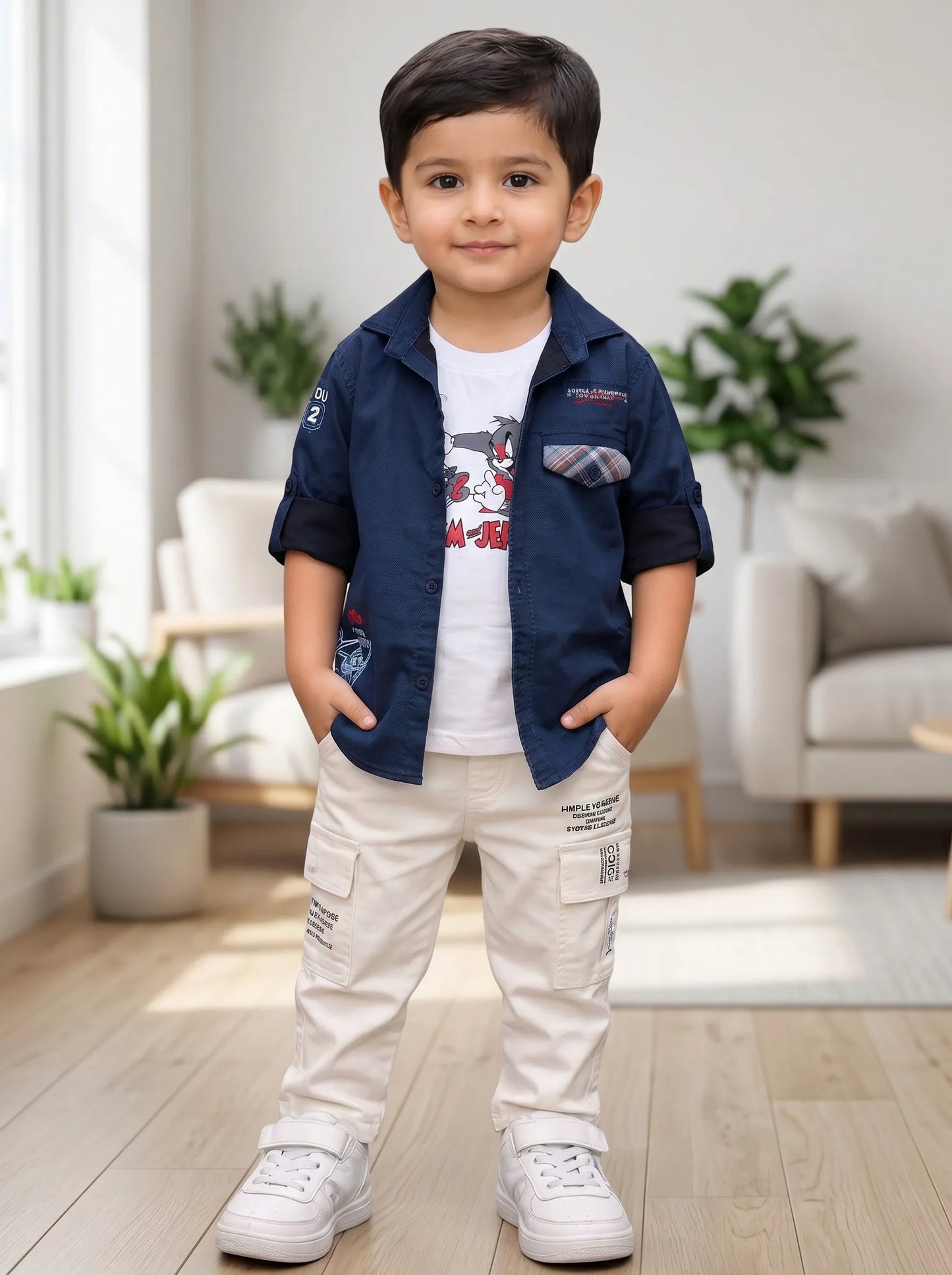 Boy in a navy denim shirt and matching jeans set by Boyz Fun