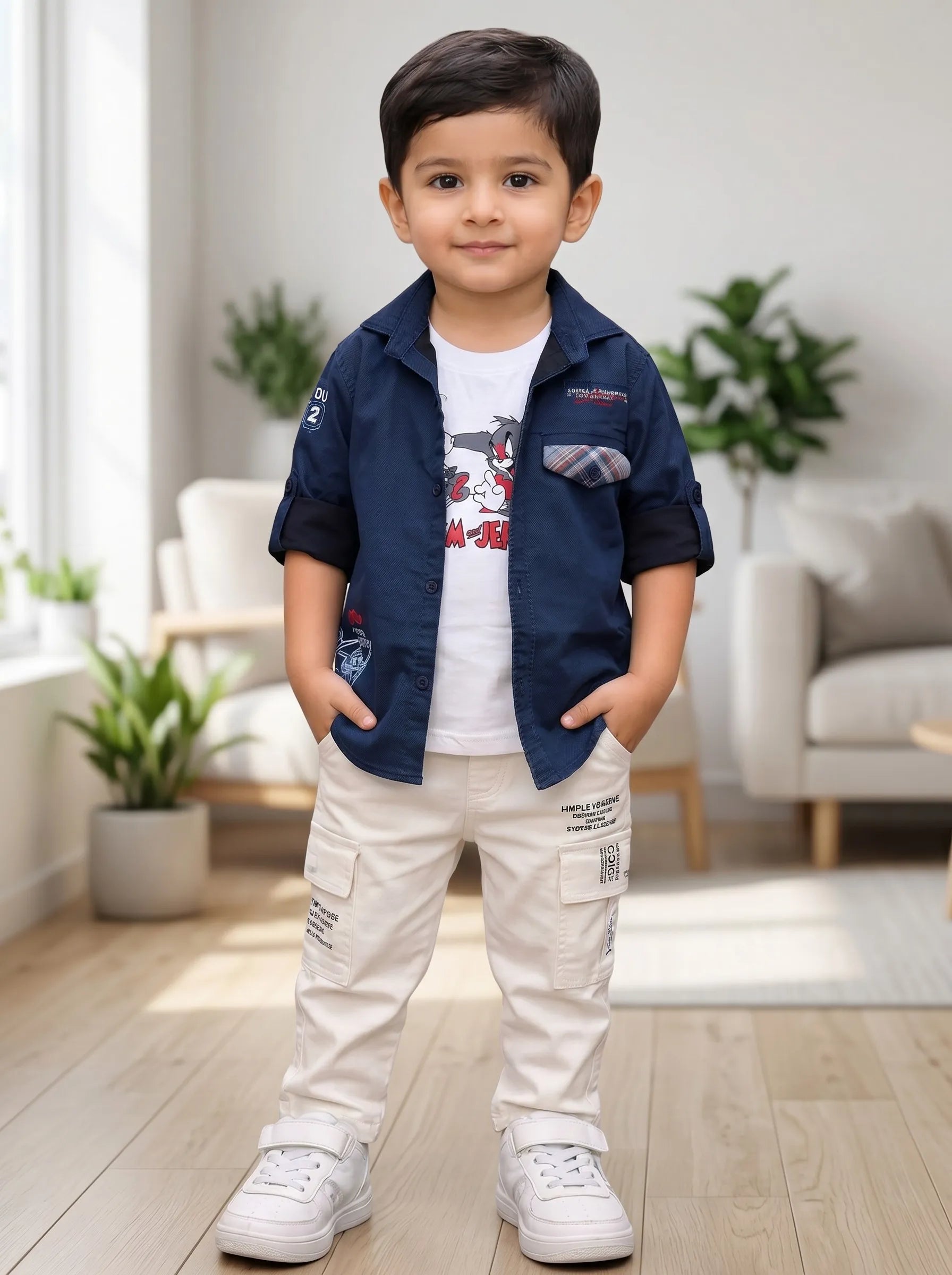Boy in a navy denim shirt and matching jeans set by Boyz Fun