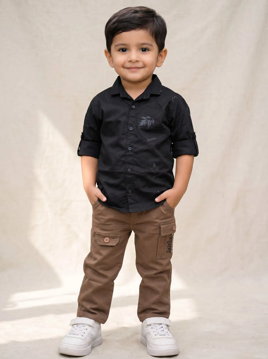 Boy in a black shirt and brown cargo pant set by Boyz Fun