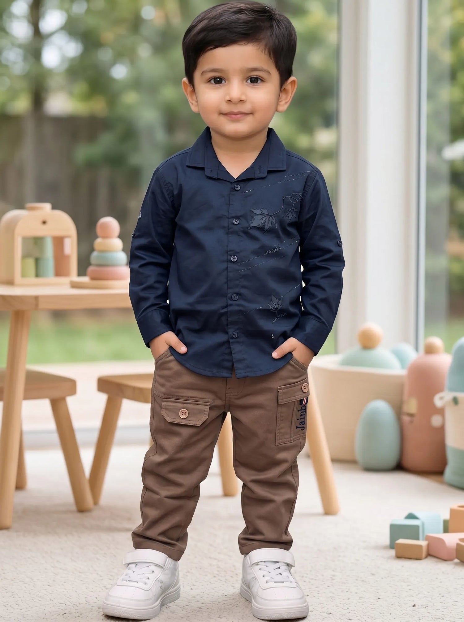 Boy in a navy shirt and brown cargo pant set by Boyz Fun