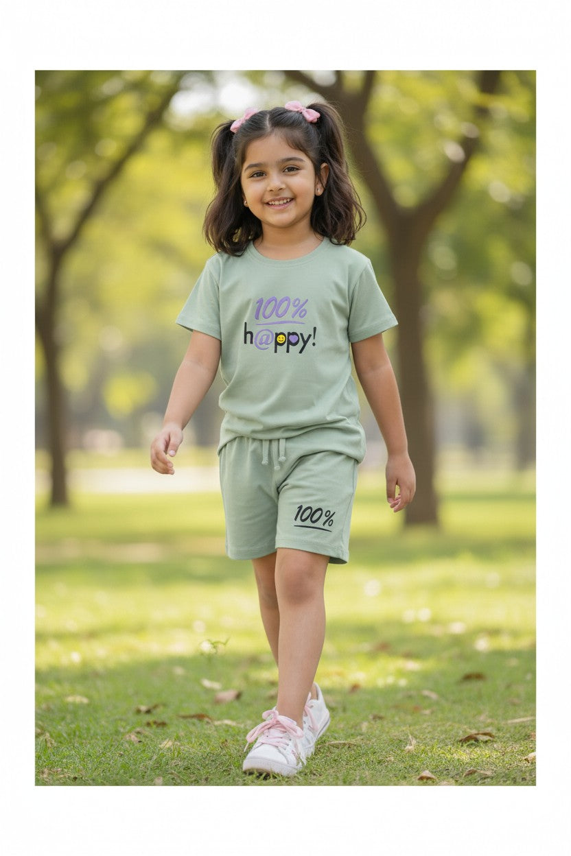 Tomato girls light green Happy print T-shirt and shorts set