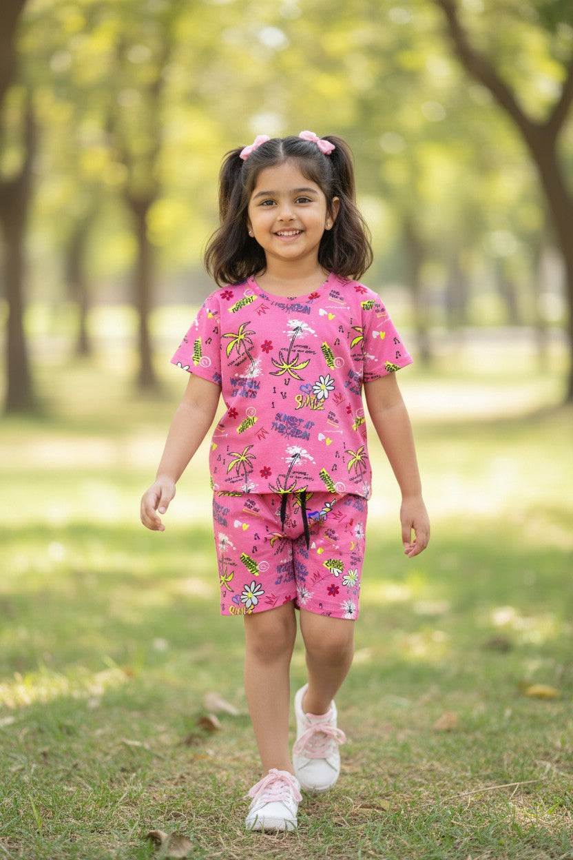 Tomato girls pink doodle print T-shirt and shorts set