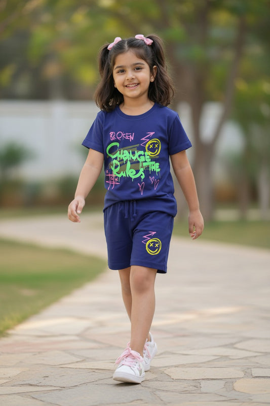 Tomato girls purple graffiti print T-shirt and shorts set