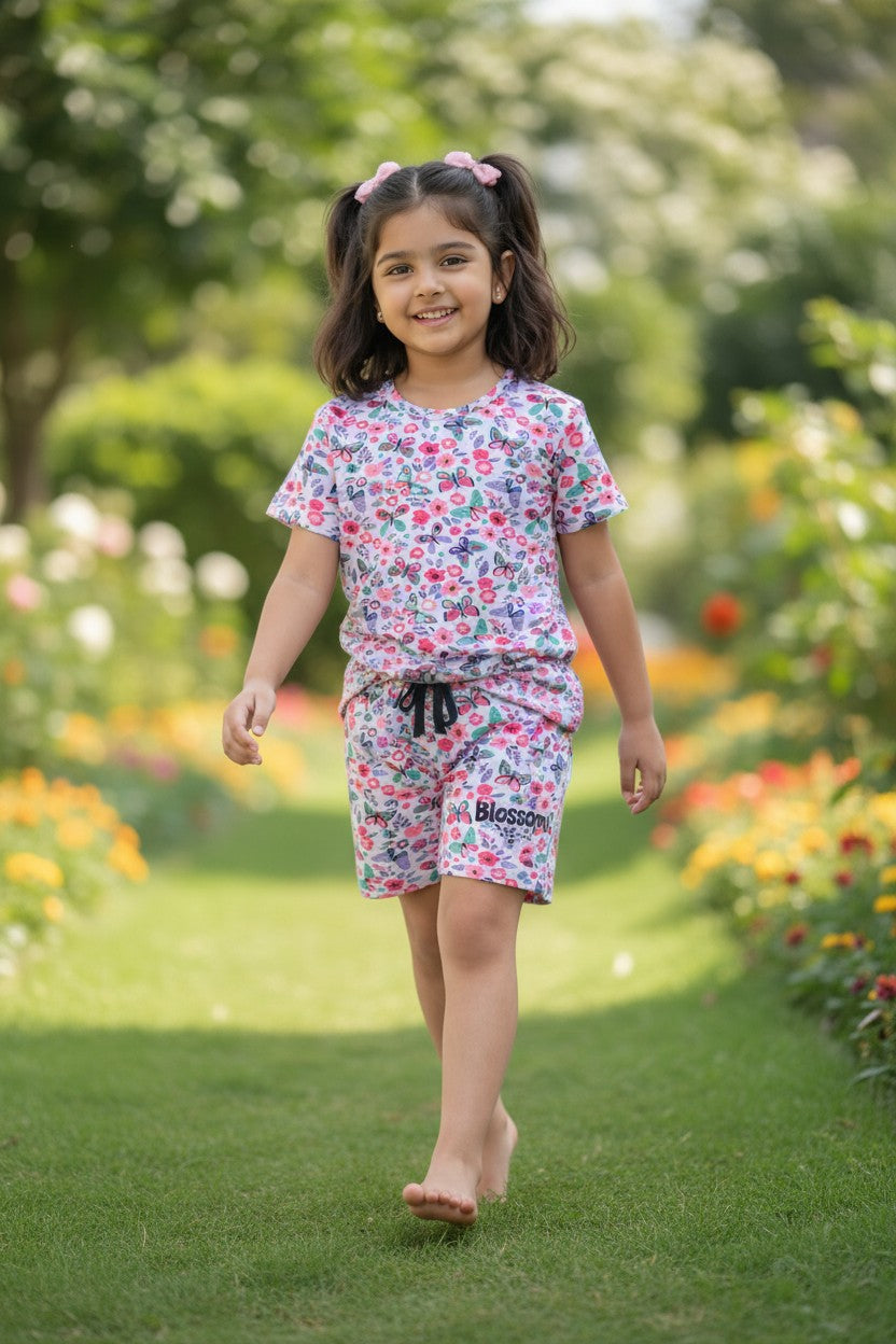 Tomato girls pink butterfly blossom print T-shirt and shorts set