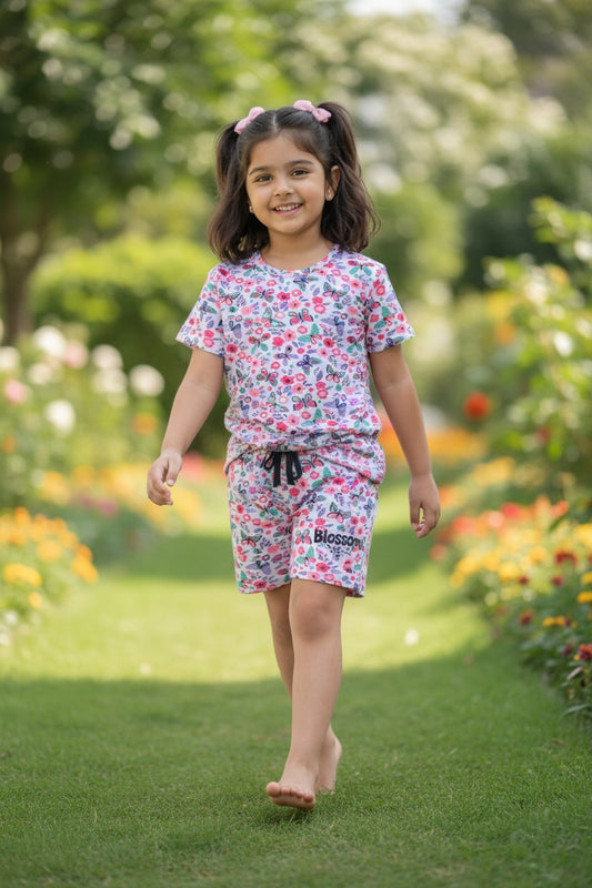 Tomato girls pink butterfly blossom print T-shirt and shorts set