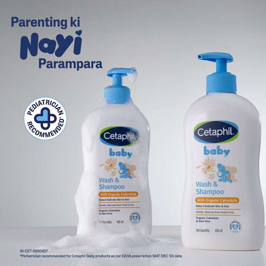 Cetaphil Baby wash and shampoo shown in 230 ml and 400 ml pump bottles