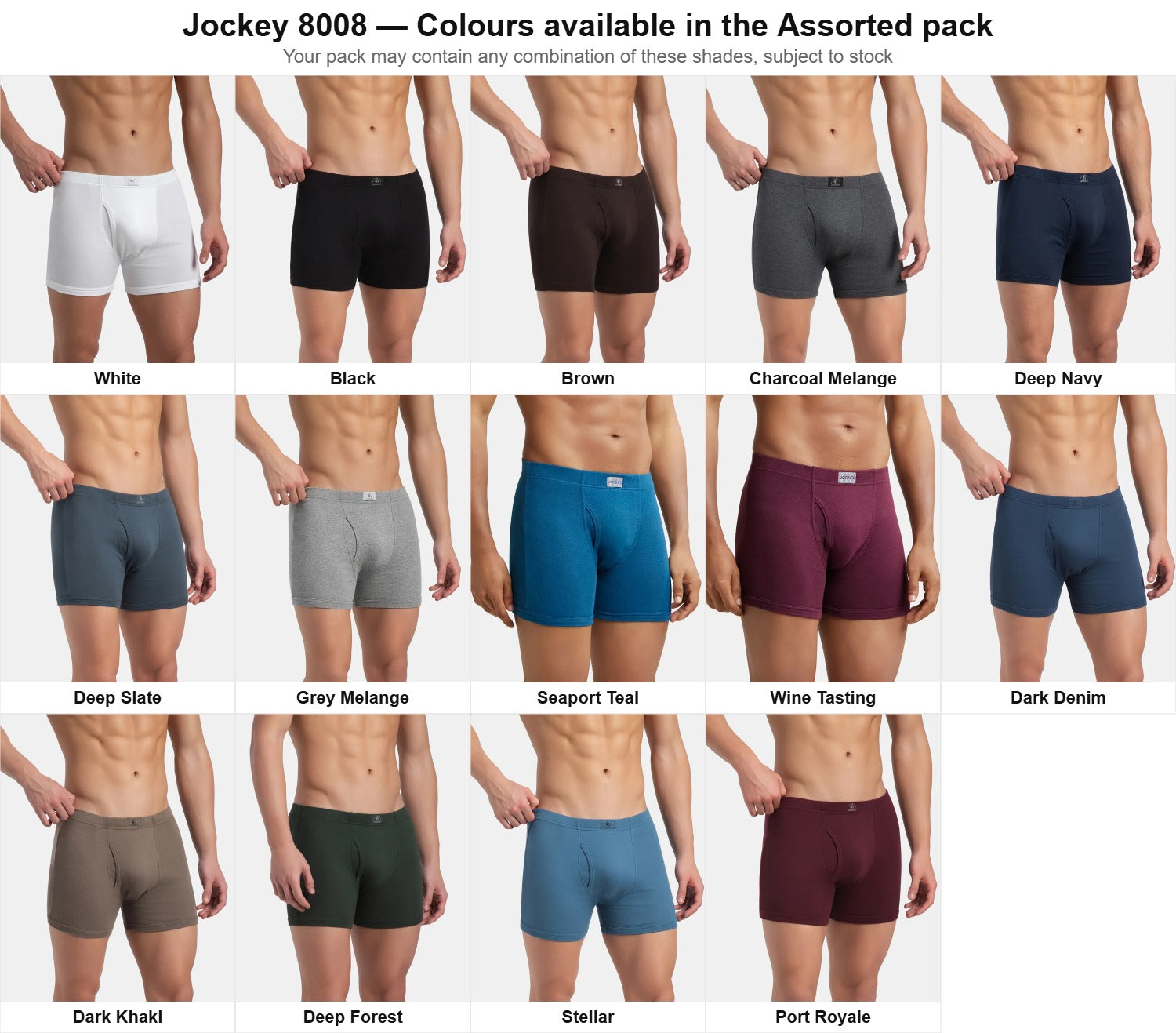Jockey 8008 boxer brief colour chart - all 14 shades available in the assorted pack