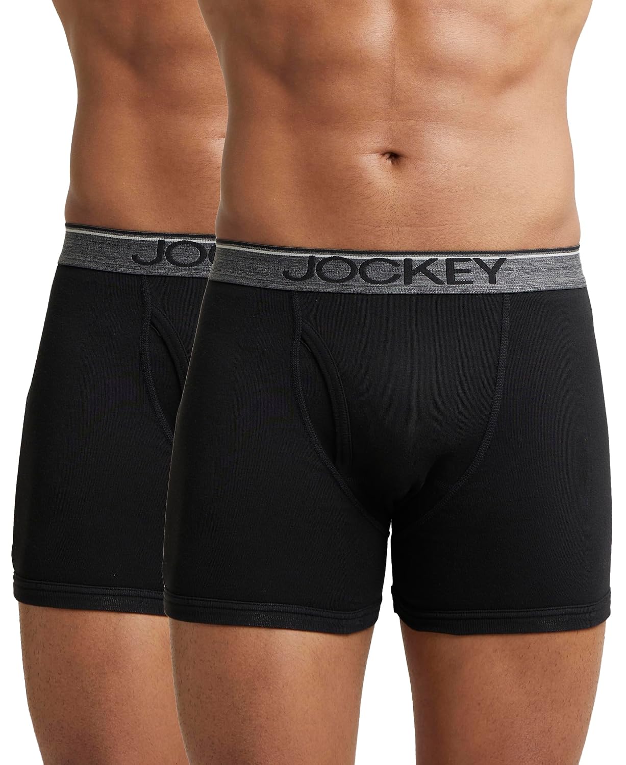 Jockey men's black cotton boxer brief with grey logo waistband, front view on model