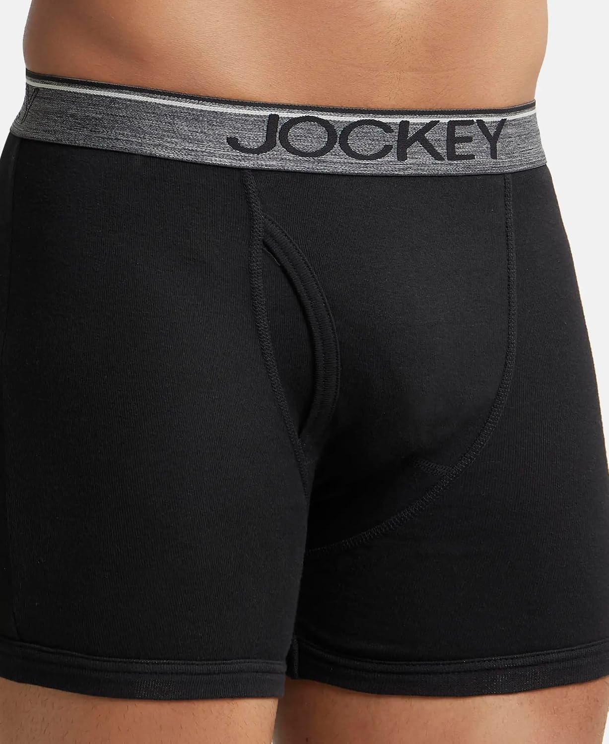 Close-up of the Jockey branded waistband on a black cotton boxer brief