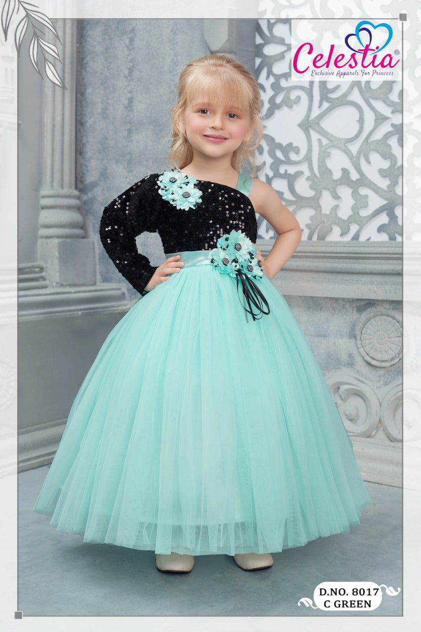 Celestia Girls Mint Green One Sleeve Long Gown in C.Green