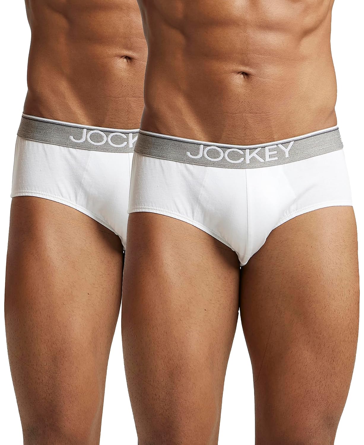Jockey men's white cotton brief with grey logo waistband, front view on model