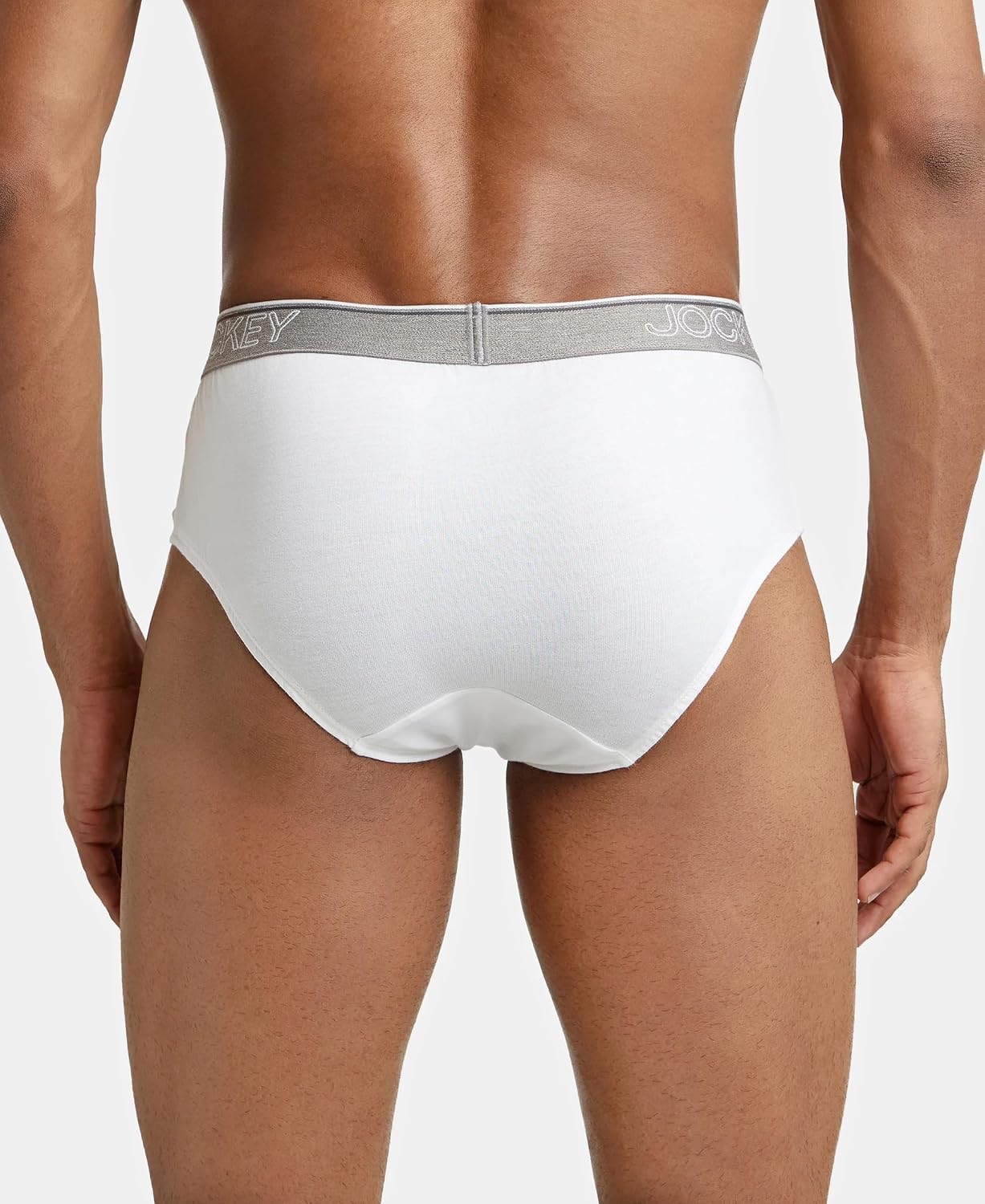 Back view of a Jockey men's white cotton brief showing the seat fit