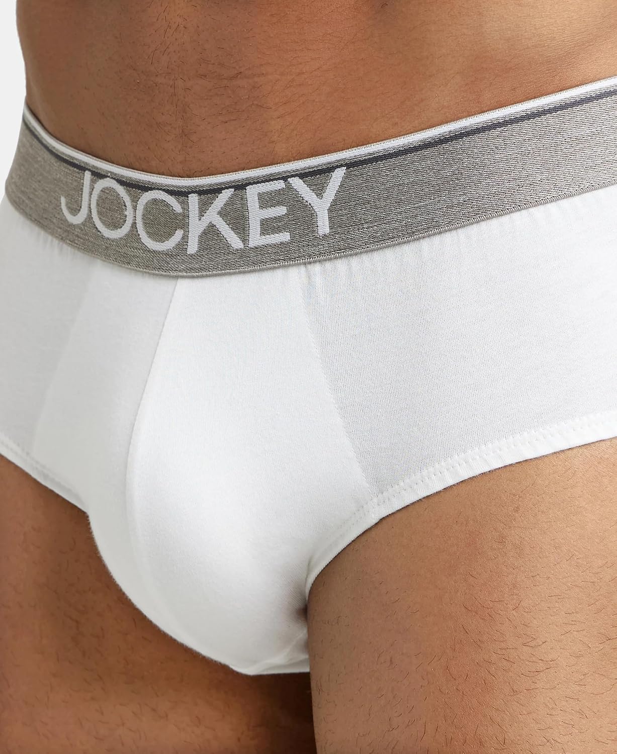 Close-up of the Jockey logo waistband on a white cotton brief