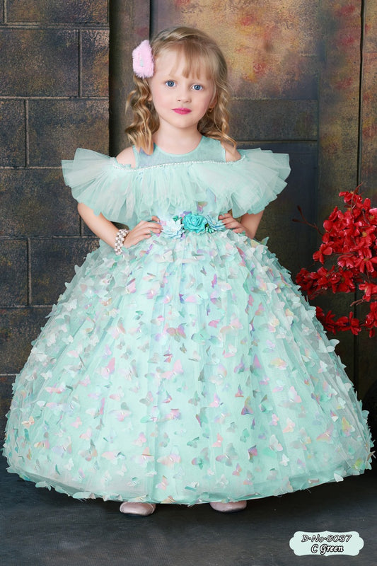 Celestia Girls Butterfly Appliqué Mint Long Gown in C.Green