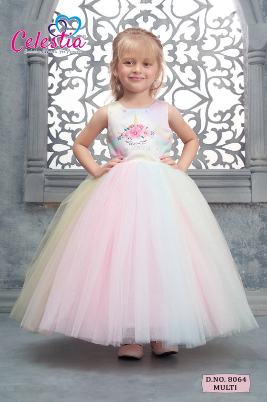 Celestia Girls Unicorn Print Rainbow Long Gown in Multi